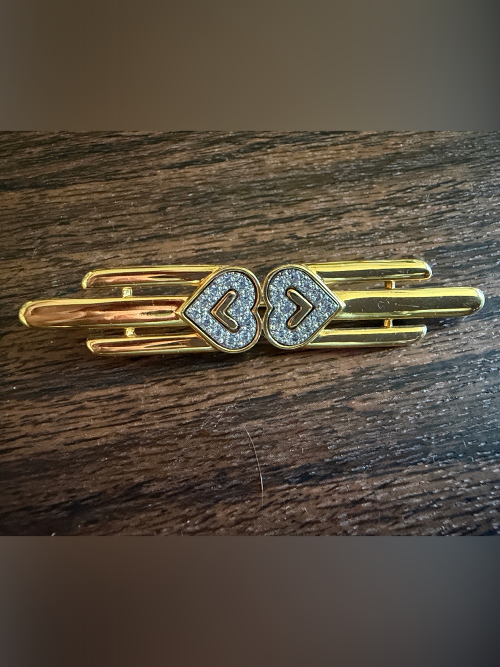 Monet Gold-Tone Double Heart Brooch pin with Clear Accents